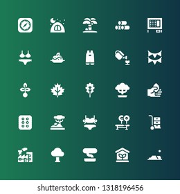 tree icon set. Collection of 25 filled tree icons included Desert, Greenhouse, Bonsai, Tree, Pollution, Wheelbarrow, Bench, Bikini, Savannah, Cracker, Leaf, Seed, Garland, Gardening