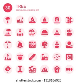 tree icon set. Collection of 30 filled tree icons included Tree, Camping, Campfire, Pudding, Eco, Savannah, Hierarchical structure, Beach, Bush, Pyramid chart, Palm Farm