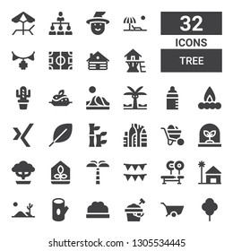 tree icon set. Collection of 32 filled tree icons included Tree, Wheelbarrow, Sand bucket, Bush, Log, Desert, Beach house, Bench, Garlands, Palm Greenhouse, Bonsai, Urban