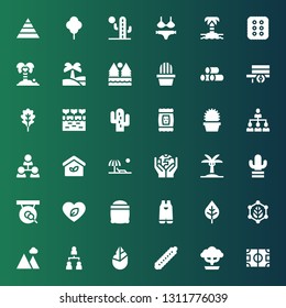 tree icon set. Collection of 36 filled tree icons included Field, Bonsai, Caterpillar, Hand axe, Hierarchical structure, Landscape, Leaf, Gardening, Seeds, Gong, Cactus, Palm tree