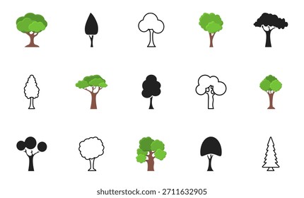 Conjunto de iconos de árbol. Colección plana, glifo y línea de los iconos de árbol. Ilustración vectorial. Iconos planos, glifos y líneas.