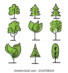 Juego de iconos de árbol. Colección de símbolos de esquema de alta calidad para diseño web o aplicación móvil. Firmas delgadas para el logotipo de diseño. Icono del vector.