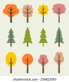Tree icon set - cute autumn trees cartoon illustration. Nature collection.