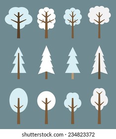 Tree icon set - cute winter trees cartoon illustration. Nature collection.