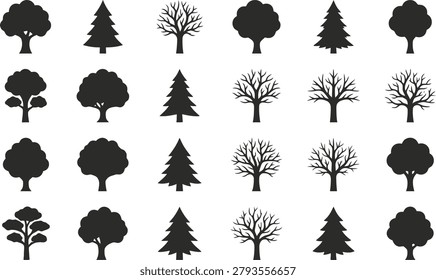 Tree icon set displaying various deciduous and coniferous forest plants in black silhouette style on a clean white background design