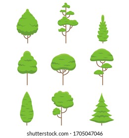 Tree icon set. Green plants in flat style. Different trees shape for landscape design. Forest and nature symbol. Vector illustration.