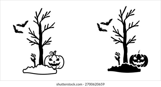 Conjunto de ícones da árvore. Ilustração da cena de Halloween assustador com abóbora, árvore e morcego. Ideal para decorações de Halloween, cartões de saudação, ou desenhos assustadores.