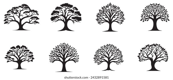 Tree icon set isolated black on white background. Vector Illustration.