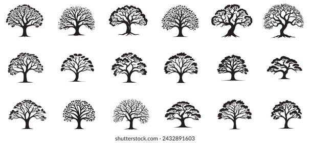 Tree icon set isolated black on white background. Vector Illustration.