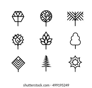 Tree icon set. Line art vector tree logo isolated on white background. Tree symbol.