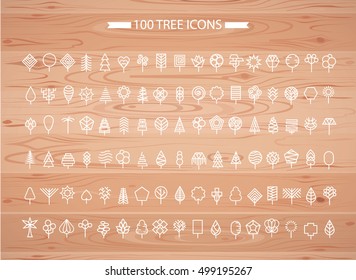 Tree icon set. Line art vector tree logo on wood background. Tree symbol.