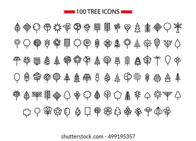 Tree icon set. Line art vector tree logo isolated on white background. Tree symbol.