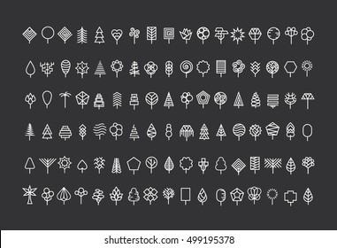 Tree icon set. Line art vector tree logo isolated on black background. Tree symbol.
