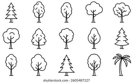 Tree icon. Set of linear tree icons. Black symbols of tree. Editable stroke. Vector illustration.