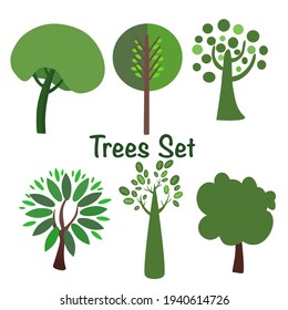 Tree icon set, minimalist and modern green tree set isolated vector
