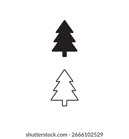 Conjunto de iconos de árbol en página cuadrada, icono plano en la parte superior e icono de contorno a continuación, blanco y negro, Vector
