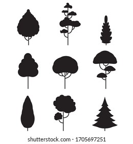 Tree icon set. Plant silhouettes in flat style. Different trees shape for landscape design. Forest and nature symbol. Vector illustration.