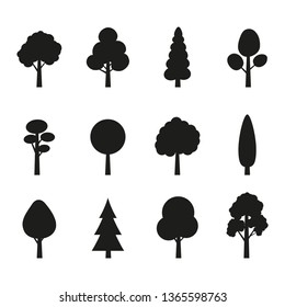 Tree icon set. Plants with leafs silhouettes. Forest and garden symbol. Vector illustration.