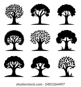 Juego de iconos de árbol. Plantas con siluetas de hojas. Símbolo de bosque y jardín aislado en fondo blanco. Ilustración del vector