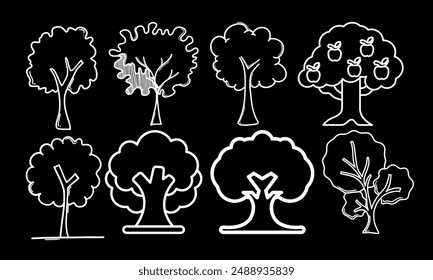 Tree Icon Set Stock Vector Illustration. High-Quality White Line Art Tree Icons or Logos. Collection of Isolated Symbols for Versatile Use