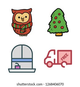 tree icon set. vector set about owl, window, truck and christmas tree icons set.