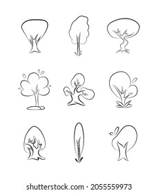 Tree icon set vector graphic line art emblem black outline print sketch forest park garden plant nature illustration isolated on white doodle botanical decoration