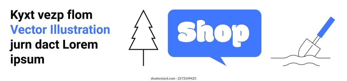 Tree icon, Shop text in blue speech bubble, and trowel with soil. Ideal for eco-friendly stores, e-commerce, gardening supply stores, promotional material, and educational tools. Banner for landing