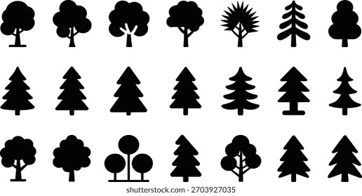 Tree icon silhouette set, stylized foliage shapes, coniferous and broadleaf forms, nature graphic, landscape design element, botanical symbols