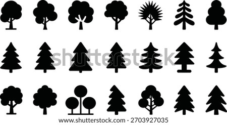 Tree icon silhouette set, stylized foliage shapes, coniferous and broadleaf forms, nature graphic, landscape design element, botanical symbols