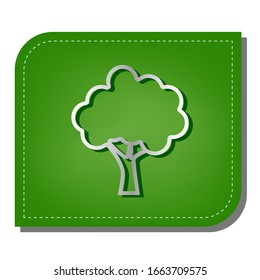 Tree icon. Silver gradient line icon with dark green shadow at ecological patched green leaf. Illustration.