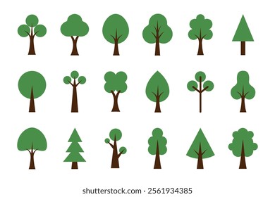 Tree icon simple. Flat park isolated elements, jungle sign design. Green forest ECO symbol. Nature leaf and stem, silhouette garden plant. Foliage decoration symbol. Vector tidy doodle illustration