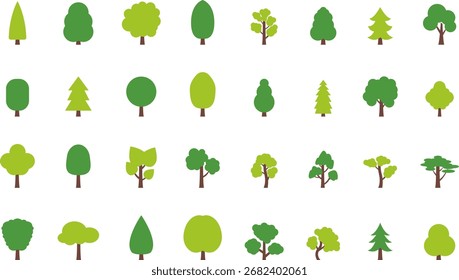 Icono de árbol, siluetas simples. Conjunto de árboles planos, pinos, abetos, coníferas y árboles caducifolios. Bosque verde árbol naturaleza planta aislada Ilustración vectorial