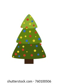 Tree icon symbol of Christmas holiday with colorful round balls, gruun branches and brown trunk isolated on white background vector illustration