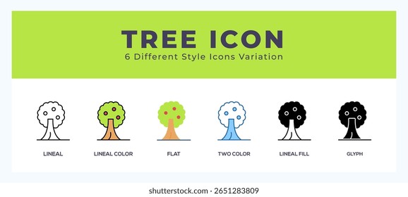Conjunto de símbolos de icono de árbol. contorno. glifo negro. color plano y color de línea relleno. 