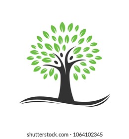 Tree With Icon Three People Logo Design Template. Vector Illustration.