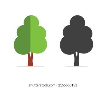 Tree icon vector black and green flat oak silhouette shape flat pictogram, simple cartoon graphic clipart illustration isolated on white background