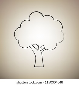 Tree icon. Vector. Brush drawed black icon at light brown background.