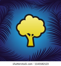 Tree icon. Vector. Golden icon with black contour at blue background with branches of palm trees.