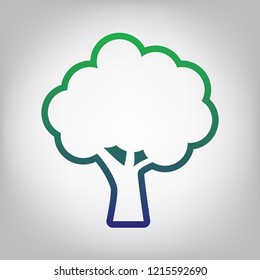 Tree icon. Vector. Green to blue gradient contour icon at grayish background with light in center.