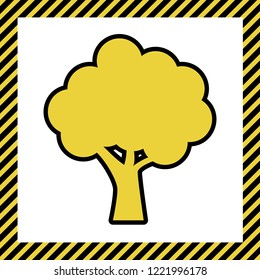 Tree icon. Vector. Warm yellow icon with black contour in frame named as under construction at white background. Isolated.
