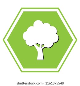 Tree icon. Vector. White icon with black shadow at yellow green honeycomb on white background.