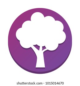 Tree icon. Vector. White icon with flat shadow on purpureus circle at white background. Isolated.