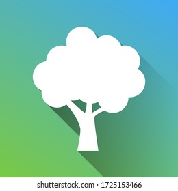 Tree icon. White Icon with gray dropped limitless shadow on green to blue background. Illustration.