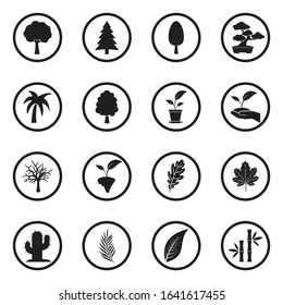 Tree Icons. Black Flat Design In Circle. Vector Illustration.