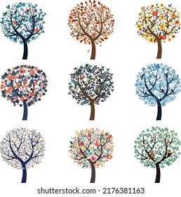 Tree icons collection blooming sketch colorful flat sketch