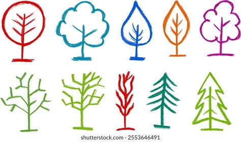 Tree Icons Crayon Chalk Drawing Vector Set