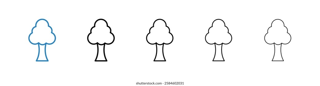 Tree icons in five different stroke sizes