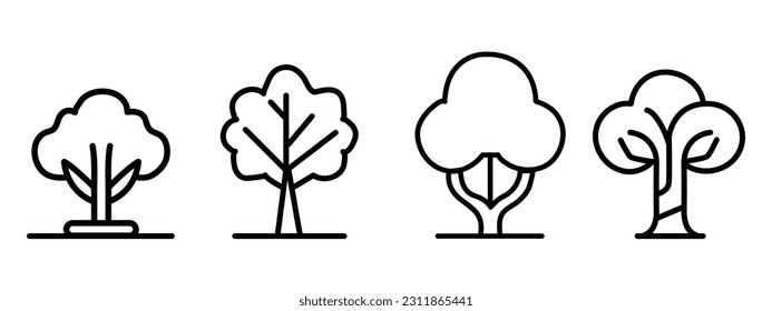 Iconos de árbol. Juego de iconos de línea de árbol y bosque. Ilustración vectorial. Trazo editable.
