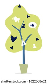 Tree with icons growing on it. Isolated social media concept. Plant in pot with broadcasting bullhorn, like heart and thumb up, profile and paper plane on branches. Interaction with followers vector