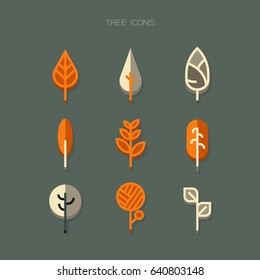 tree Icons modern. Orange white vector on green background